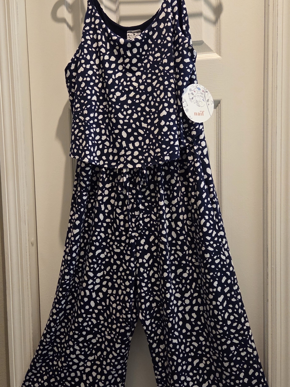 NAIF Navy and White Printed Sleeveless Jumpsuit Effortless Wide Leg